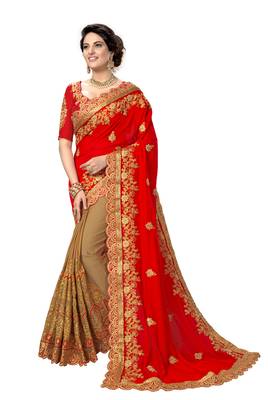 Trendmalls Red embroidered silk saree with blouse  1