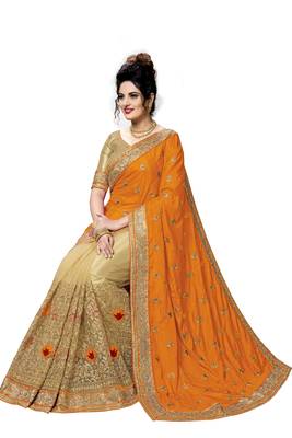 Trendmalls Orange embroidered silk Party Wear Saree With Blouse 5