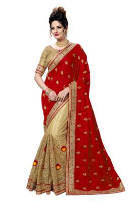 Trendmalls Red embroidered silk Party Wear Saree With Blouse 1