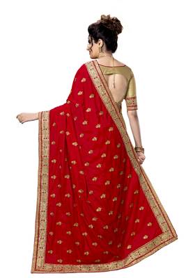 Trendmalls Red embroidered silk Party Wear Saree With Blouse 2