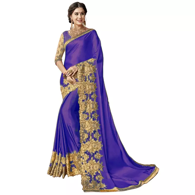 Blue embroidered lycra saree with blouse