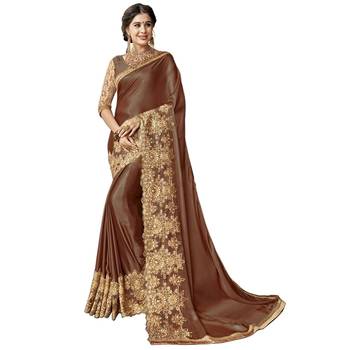 Brown embroidered lycra saree with blouse 1