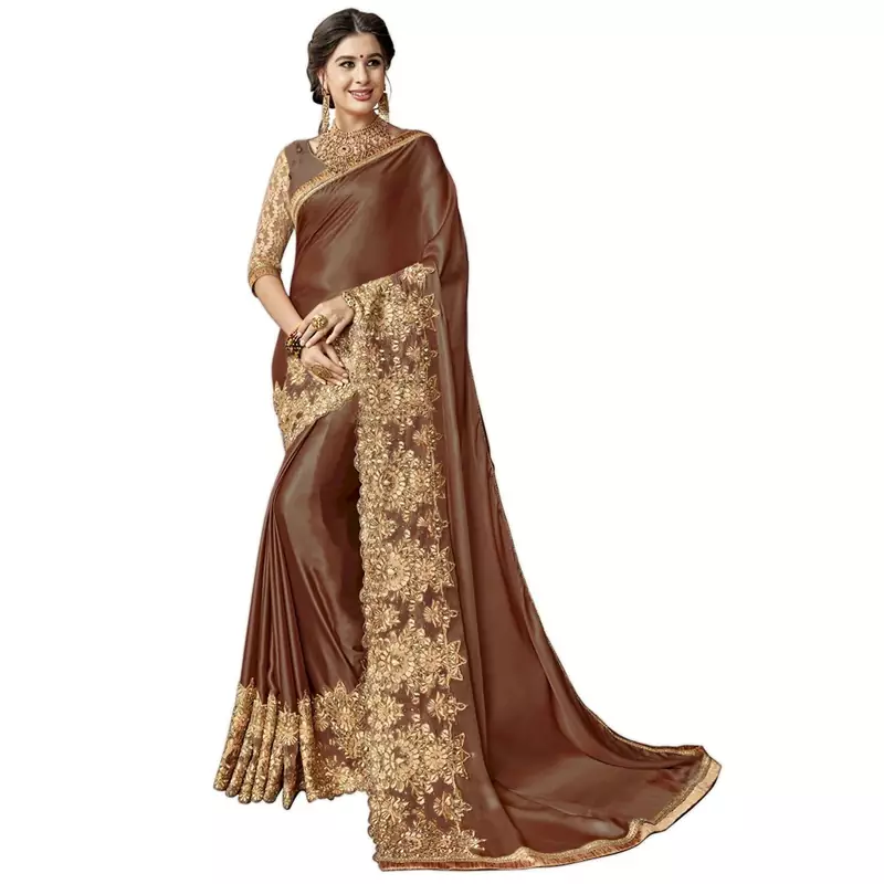 Brown embroidered lycra saree with blouse