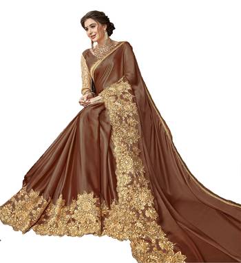 Brown embroidered lycra saree with blouse 2