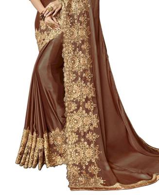 Brown embroidered lycra saree with blouse 4