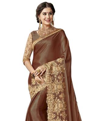 Brown embroidered lycra saree with blouse 5