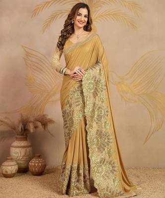Trendmalls  Shiny Lycra Silk Embroidery Gold Saree With Blouse 1