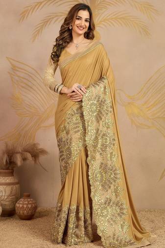  Shiny Lycra Silk Embroidery Gold Saree With Blouse