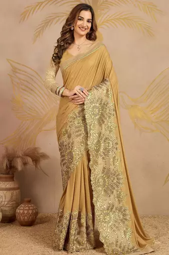 Trendmalls  Shiny Lycra Silk Embroidery Gold Saree With Blouse