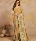  Shiny Lycra Silk Embroidery Gold Saree With Blouse