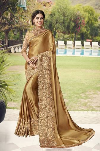  Shiny Designer Lycra Silk Embroidery Gold Party Wear Wedding Saree With Blouse