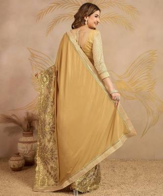 Trendmalls  Shiny Lycra Silk Embroidery Gold Saree With Blouse 2