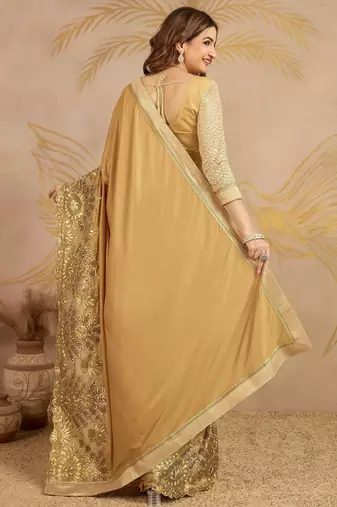 Trendmalls  Shiny Lycra Silk Embroidery Gold Saree With Blouse