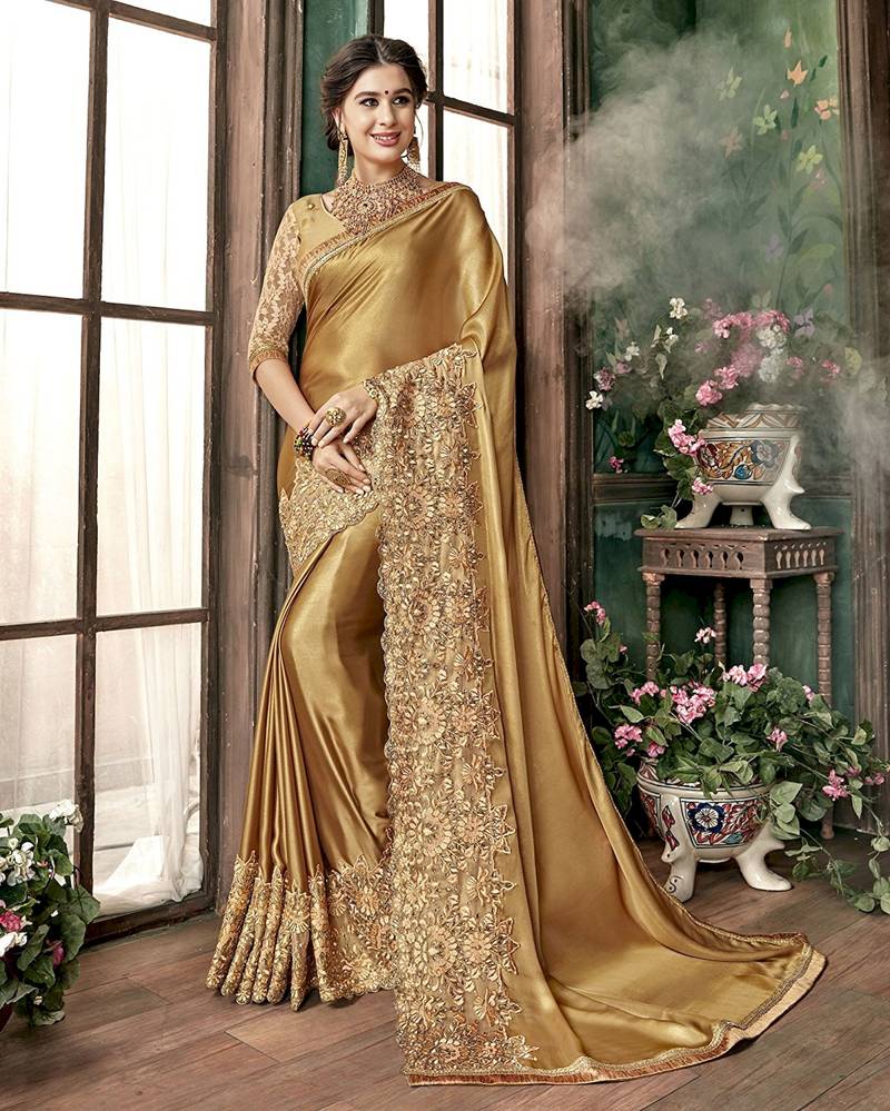 Gold embroidered lycra saree with blouse Trendmalls 3501873