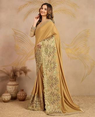 Trendmalls  Shiny Lycra Silk Embroidery Gold Saree With Blouse 3