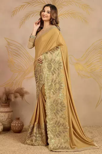 Trendmalls  Shiny Lycra Silk Embroidery Gold Saree With Blouse