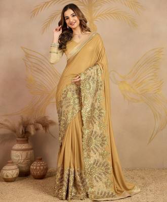 Trendmalls  Shiny Lycra Silk Embroidery Gold Saree With Blouse 4