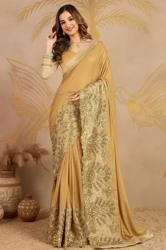 Trendmalls  Shiny Lycra Silk Embroidery Gold Saree With Blouse