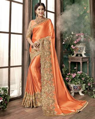 Trendmalls Trendmalls Orange embroidered lycra Traditional Wedding Party Wear Bridal Saree with Blouse  1