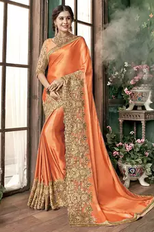 Trendmalls Orange embroidered lycra Traditional Wedding Party Wear Bridal Saree with Blouse 