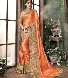 Orange embroidered lycra Traditional Wedding Party Wear Bridal Saree with Blouse 