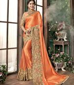 Trendmalls Orange embroidered lycra Traditional Wedding Party Wear Bridal Saree with Blouse 