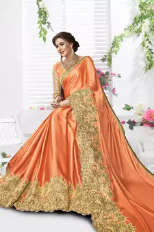 Trendmalls Trendmalls Orange embroidered lycra Traditional Wedding Party Wear Bridal Saree with Blouse 