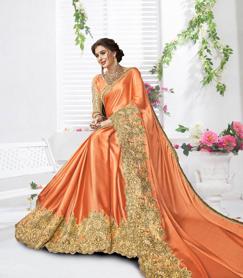 Trendmalls Orange embroidered lycra Traditional Wedding Party Wear Bridal Saree with Blouse 