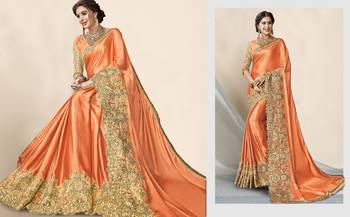 Trendmalls Trendmalls Orange embroidered lycra Traditional Wedding Party Wear Bridal Saree with Blouse  3