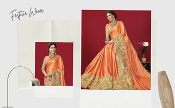 Trendmalls Trendmalls Orange embroidered lycra Traditional Wedding Party Wear Bridal Saree with Blouse  4