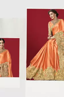 Trendmalls Trendmalls Orange embroidered lycra Traditional Wedding Party Wear Bridal Saree with Blouse 