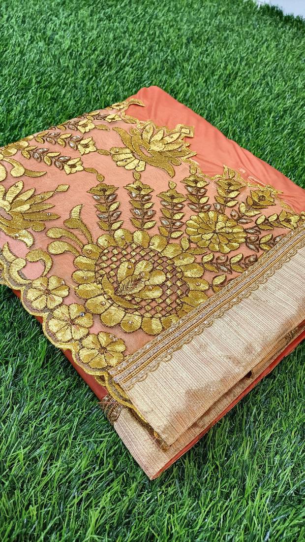Trendmalls Orange embroidered lycra Traditional Wedding Party Wear Bridal Saree with Blouse 