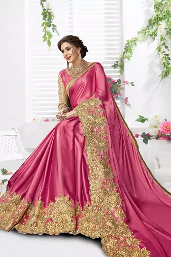 Pink embroidered lycra Traditional Wedding Party Wear Bridal Saree With Blouse  