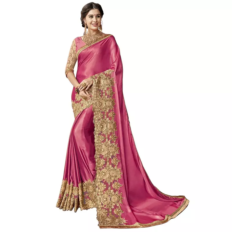 Pink embroidered lycra saree with blouse