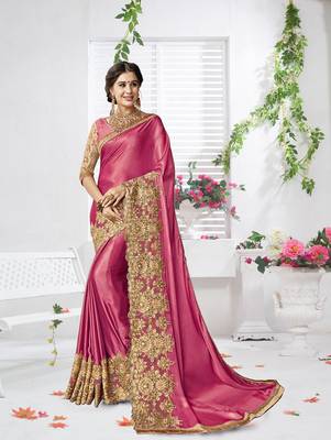 Trendmalls Pink embroidered lycra Traditional Wedding Party Wear Bridal Saree With Blouse   2