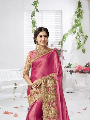 Trendmalls Pink embroidered lycra Traditional Wedding Party Wear Bridal Saree With Blouse   3