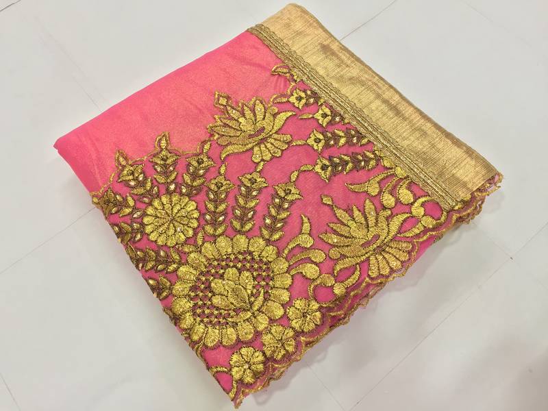 Pink embroidered lycra Traditional Wedding Party Wear Bridal Saree With Blouse  