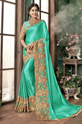 Trendmalls  Shiny Lycra Silk Embroidery Turquoise Party Wear Saree With Blouse