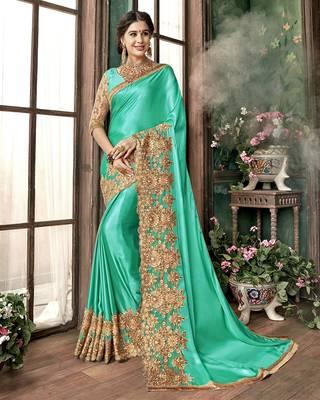 Trendmalls Trendmalls  Shiny Lycra Silk Embroidery Turquoise Party Wear Saree With Blouse 1