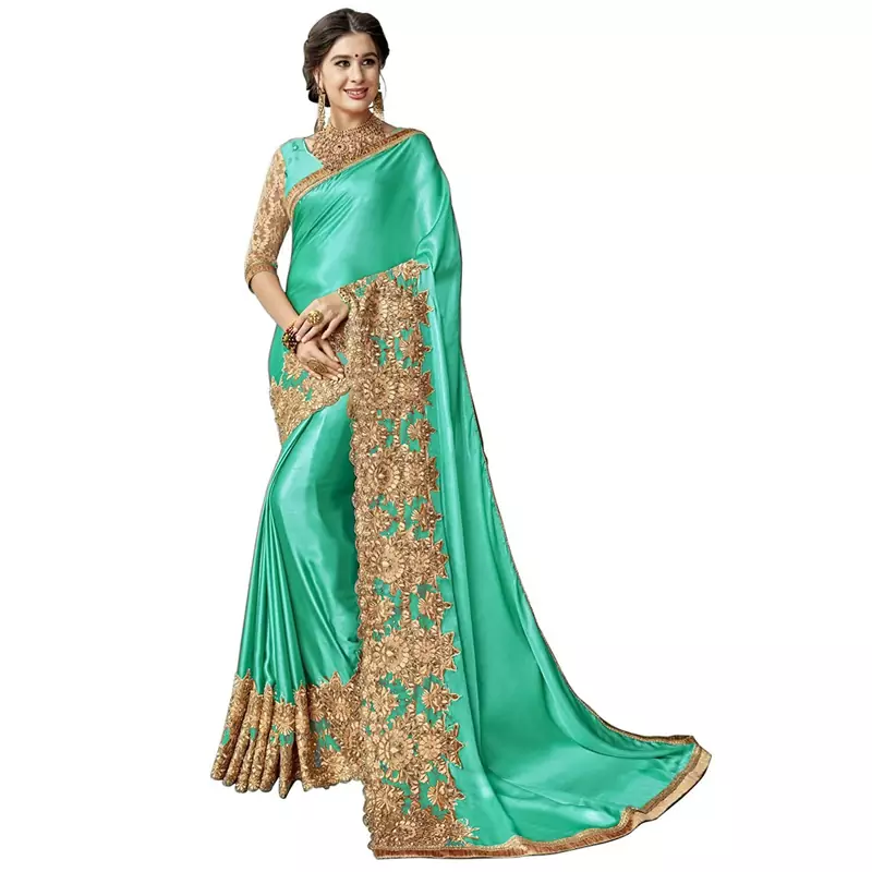Turquoise embroidered lycra saree with blouse