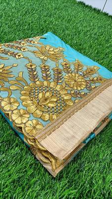 Trendmalls Trendmalls  Shiny Lycra Silk Embroidery Turquoise Party Wear Saree With Blouse 2
