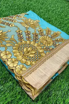Trendmalls Trendmalls  Shiny Lycra Silk Embroidery Turquoise Party Wear Saree With Blouse