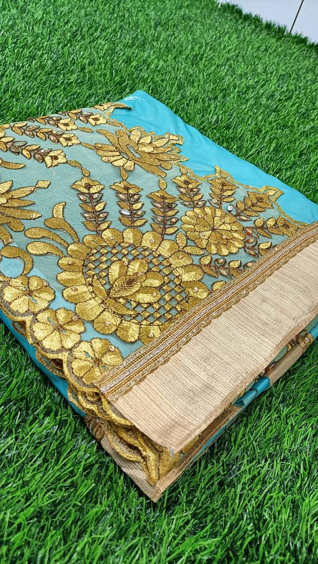 Trendmalls  Shiny Lycra Silk Embroidery Turquoise Party Wear Saree With Blouse