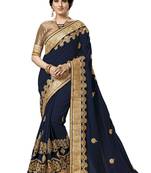 Trendmalls Blue embroidered satin   Traditional Wedding Party Wear Bridal Saree With Blouse  