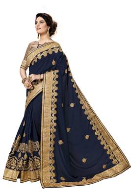 Trendmalls Blue embroidered satin   Traditional Wedding Party Wear Bridal Saree With Blouse   3