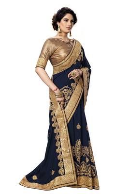 Trendmalls Blue embroidered satin   Traditional Wedding Party Wear Bridal Saree With Blouse   4