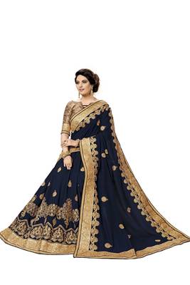 Trendmalls Blue embroidered satin   Traditional Wedding Party Wear Bridal Saree With Blouse   5