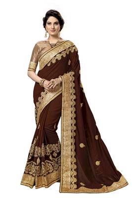 Trendmalls Brown embroidered satin   Traditional Wedding Party Wear Bridal Saree With Blouse   1