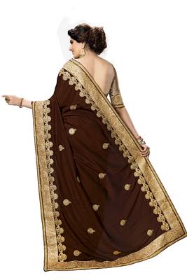 Trendmalls Brown embroidered satin   Traditional Wedding Party Wear Bridal Saree With Blouse   2