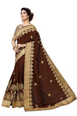 Trendmalls Brown embroidered satin   Traditional Wedding Party Wear Bridal Saree With Blouse   3